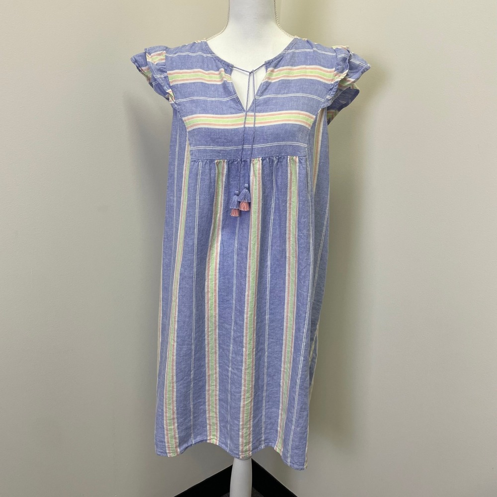 LOFT Outlet Lounge Womens Medium Blue Striped Linen Blend Tassel Shift Dress